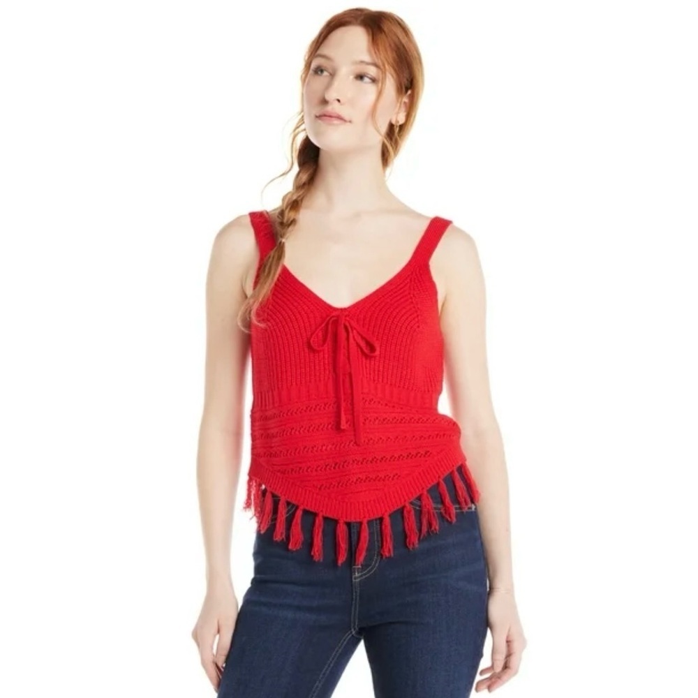 No Boundaries Red Crochet Knit Sweater Tank Top Fringe Hem Boho V-Neck Large